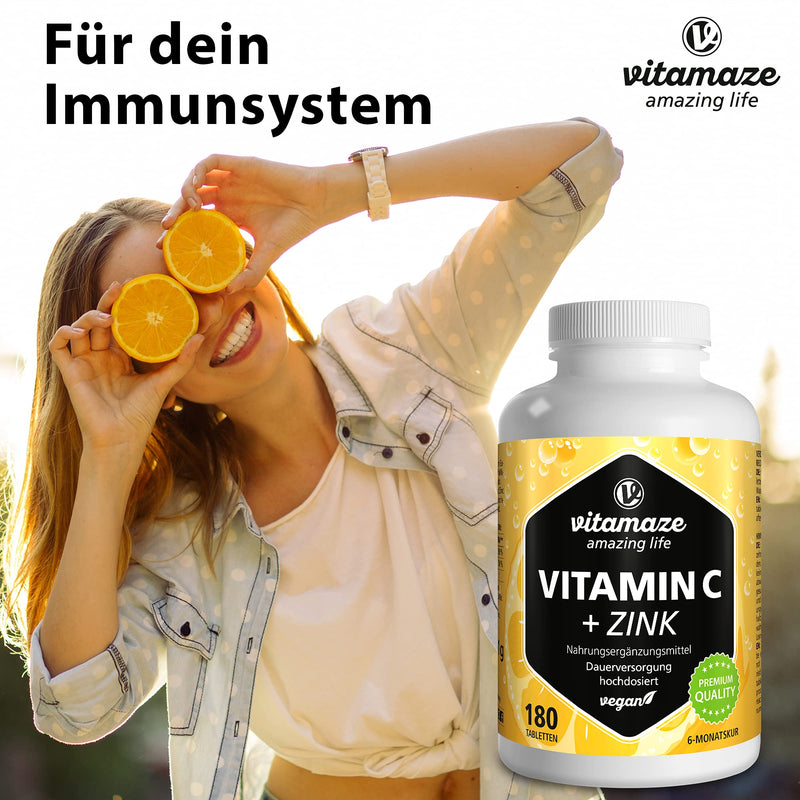 High-dose vitamin C 1000 mg + zinc, vegan & optimally bioavailable, 180 tablets for 6 months, natural dietary supplement without unnecessary additives, made in Germany - NewNest Australia