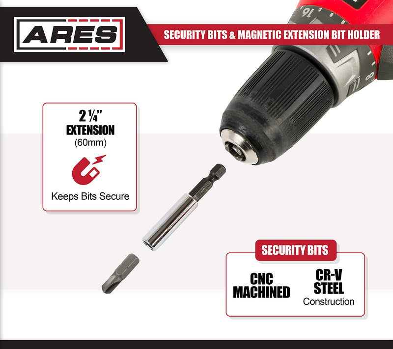 ARES 70009 - 33-Piece Security Bit Set with Magnetic Extension Bit Holder - Includes Tamper Resistant, SAE Hex, Metric Hex and Star Bits - Torq, Spanner, and Triwing Complete the Anti Tamper Bit Set - NewNest Australia