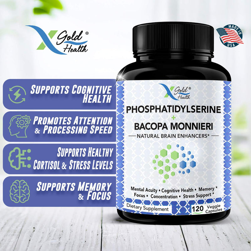 PhosphatidylSerine & Bacopa Monnieri 400 mg 2 in 1 Supplement - Natural Brain Enhancer/Nootropic for Enhanced Focus and Concentration, Memory Support, & Cognitive Function - 120 Vegetarian Capsules - NewNest Australia
