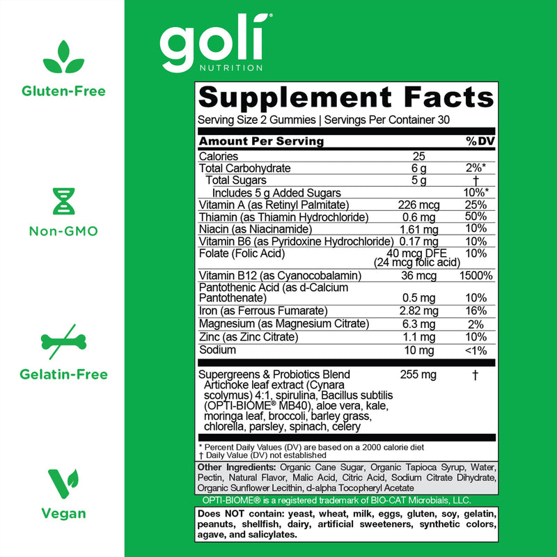 GOLI SUPERGREENS Vitamin Gummy - 60 Count - with Essential Vitamins and Minerals. Health from Within. (Plant-Based, Vegan, Gluten-Free & Gelatin Free) 1 - NewNest Australia
