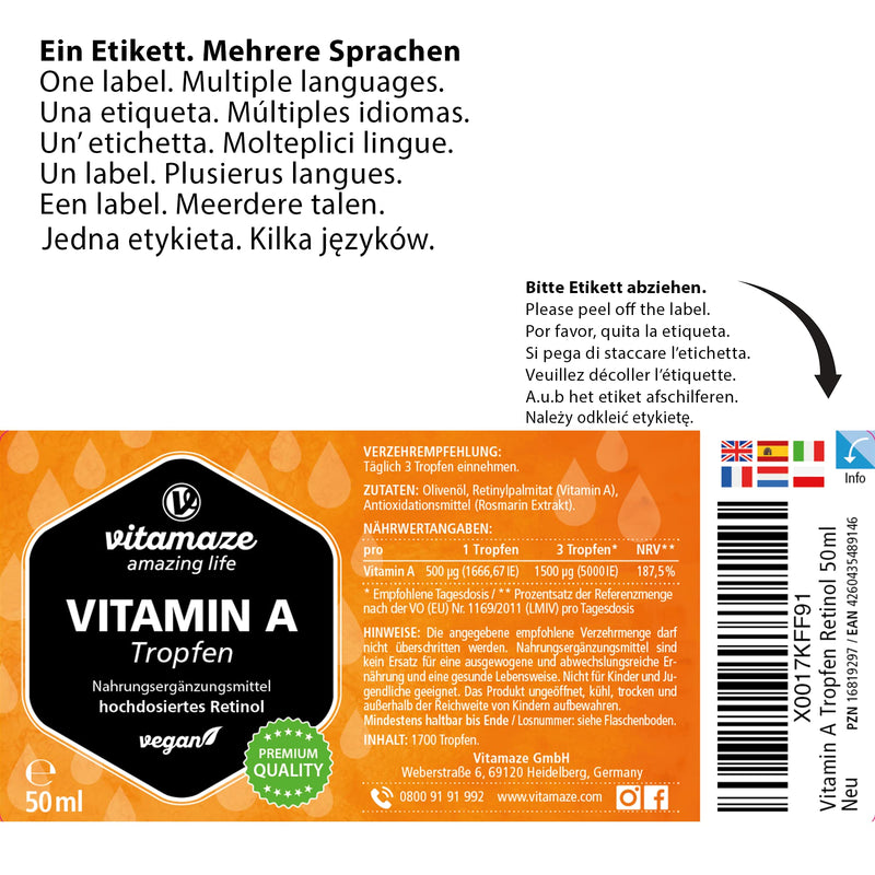 High-dose vitamin A drops 5000 IU per daily dose, 50 ml (1700 drops), liquid retinol & vegan, natural dietary supplement without additives, high bioavailability, Made in Germany - NewNest Australia