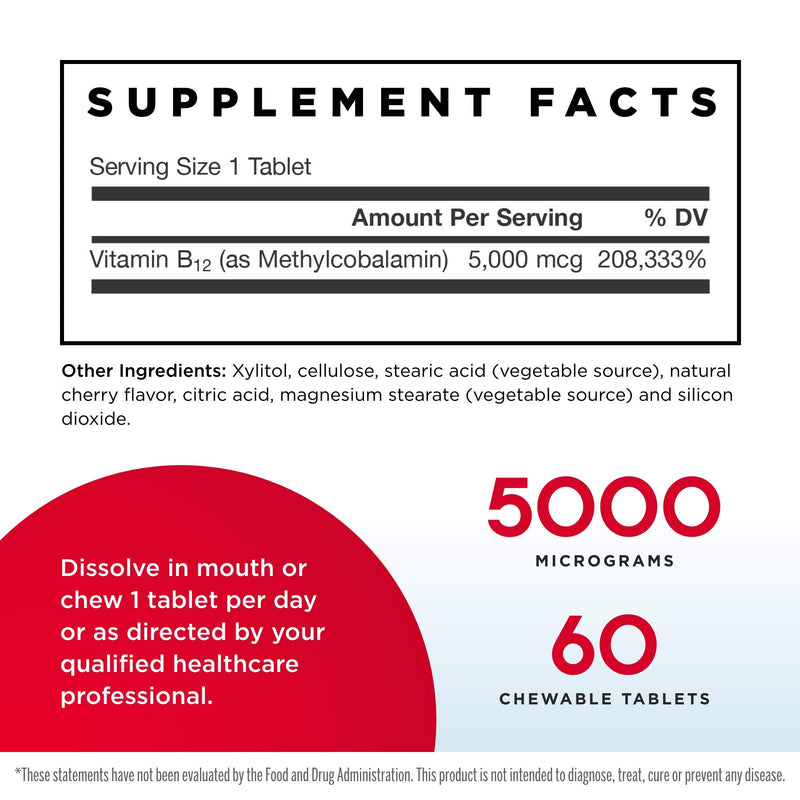 Jarrow Formulas Methyl B-12 5000 mcg - 60 Chewable Tablets, Cherry - Bioactive Vitamin B12 - Supports Energy Production, Brain Health & Metabolism - Gluten Free -Pink 60 Servings 60 Count (Pack of 1) 5000 MCG, 60 LOZENGES, CHERRY FLAVOR - NewNest Australia