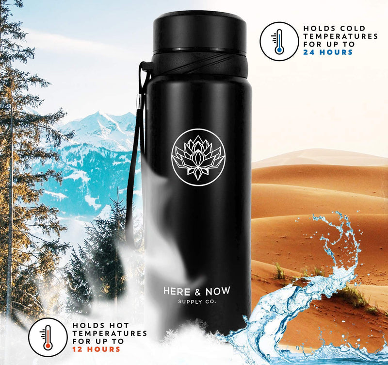 NewNest Australia - 25 oz Multi-Function Travel Mug and Tumbler | Tea Infuser Water Bottle | Fruit Infused Flask | Hot & Cold Double Wall Stainless Steel Coffee Thermos | by Here & Now Supply Co. (Zen Black) Zen Black 