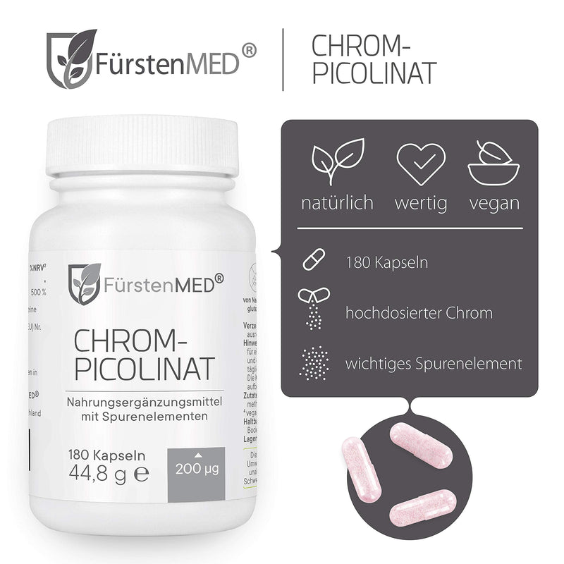 FürstenMED® Chromium capsules made from Chromium Picolinate (chromium picolinate) - essential trace element with 200 mcg - 180 vegan capsules - no tablets - NewNest Australia