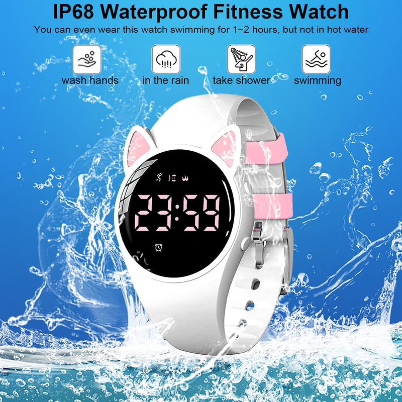 HUYVMAY Fitness Tracker Pedometer Watch for Boys Girls Women, No App No Phone, USB Charge 1 Hour for 20 Days Use, IP68 Waterproof Fitness Watch with Alarm Clock Step Tracker Distance Calorie Counter White + Pink - NewNest Australia