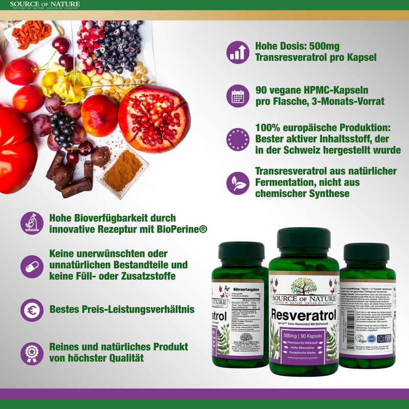 Source Of Nature Trans-Resveratrol 500 Mg, 90 Capsules, Supply For 3 Months, 98% Pure Active Ingredient Made In Europe, High Dosage, Vegan, Antioxidant Protection - NewNest Australia