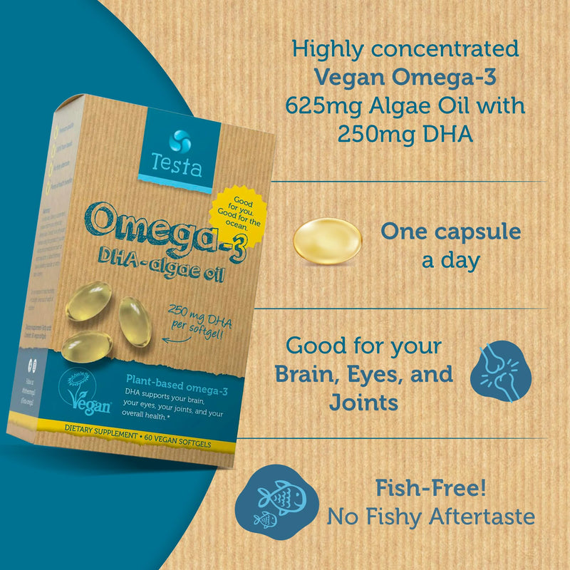 Testa Omega-3 Algae Oil - 250mg DHA - Vegetable Omega-3 - Pure and Vegan - Much Healthier than Fish Oil - 60 Capsules (1 Pack) - NewNest Australia