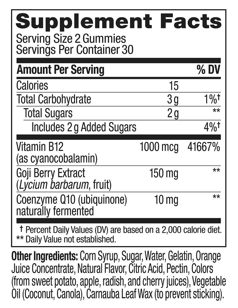 OLLY Extra Strength Daily Energy Gummy, Caffeine Free, 1000mcg Vitamin B12, CoQ10, Goji Berry, Adult Chewable Supplement, Berry Yuzu Flavor - 60 Count - NewNest Australia