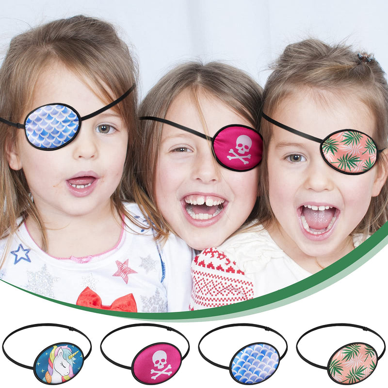 SATINIOR Silk Adjustable Eye Patch 4 Pieces Lazy Eye Patches with Elastic Strap Single Right or Left Pirate Eye Patch for Adults Kids Soft Silky Eyepatch with Unicorn Skull Leaves Wave Pattern - NewNest Australia