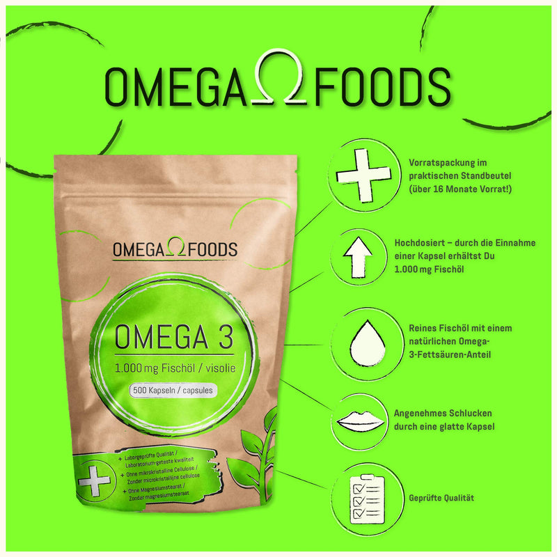 Omega 3 fish oil capsules - 500 capsules, high dosage in special quality - 1000mg Omega3 fatty acids per capsule in a 500-pack - NewNest Australia