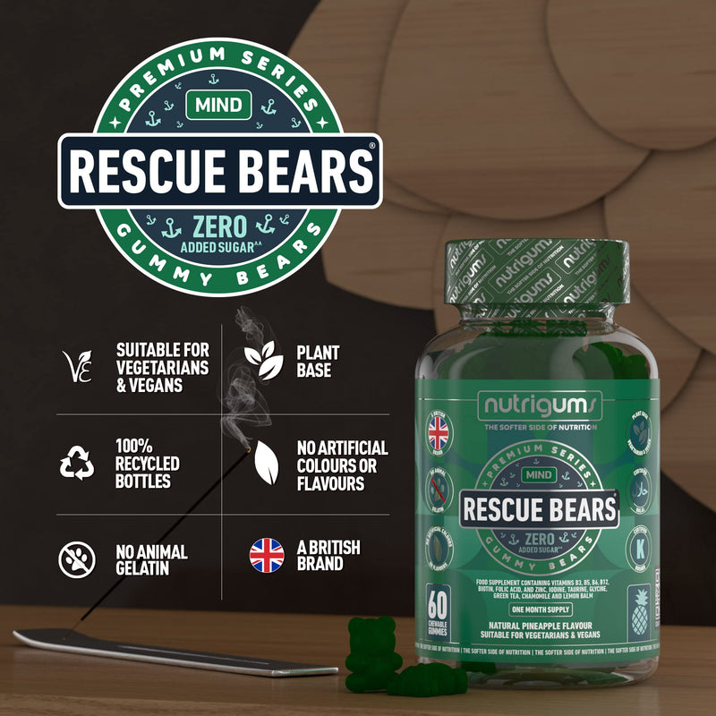 RESCUE BEARS 60 Vegan Gummies. Daytime Stress & Anxiety Relief with Glycine, Taurine, Green Tea, Lemon Balm, Chamomile, Vitamins & Prebiotics for Calming. Pineapple Flavour. - NewNest Australia