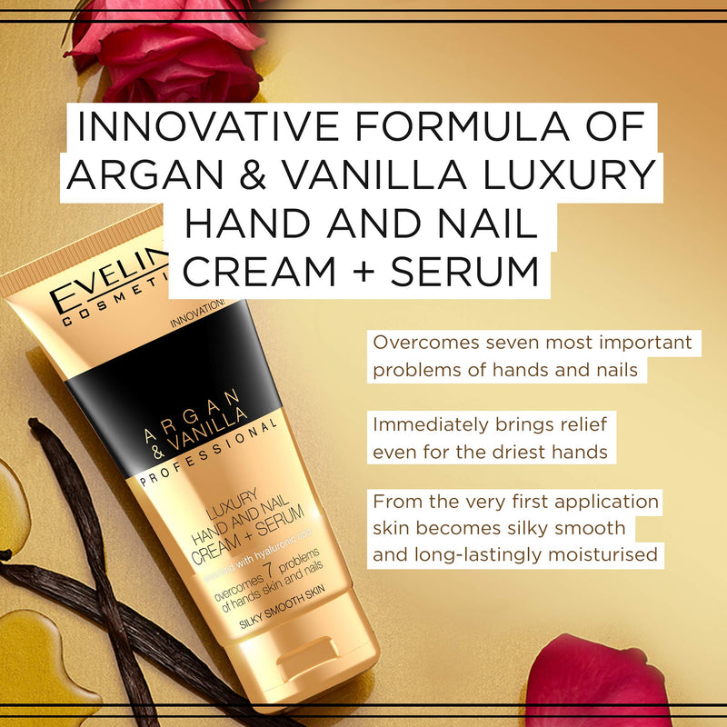 Eveline Cosmetics Argan & Vanilla Luxurious Moisturising Repair Hand and Nail Cream - Nourishing Serum for Very Dry Skin | 100 ML | Fast-absorbing Non-greasy | Hydrating Lotion | Even Skin Tone - NewNest Australia