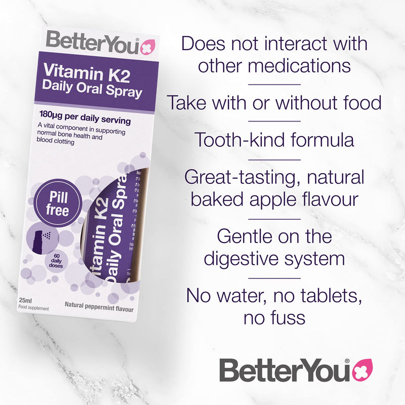 BetterYou Vitamin K2 Daily Oral Spray | Supports Normal Bone Health and Blood Clotting | 25ml (160 sprays) | Palm Oil Free | Natural Peppermint Flavour Single - NewNest Australia