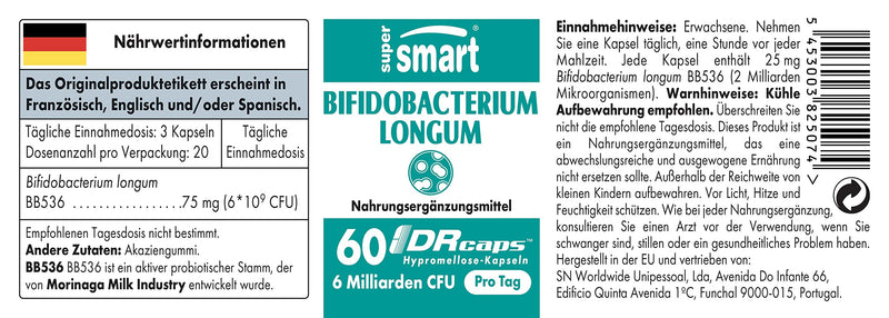 Supersmart - Bifidobacterium Longum 75 mg per serving - Probiotics for intestinal health & intestinal flora | Non GMO & Gluten Free - 60 DR Capsules - NewNest Australia