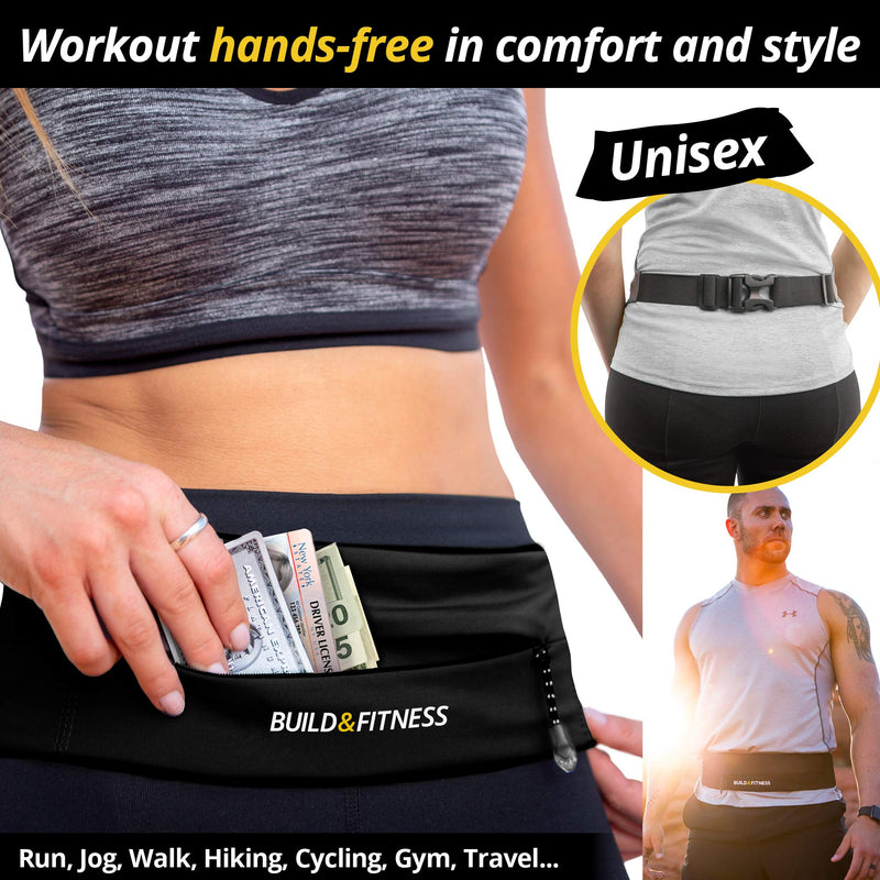 Build & Fitness Zipper Running Belt – Adjustable Waist Pack, Slim, Comfortable with Key Clip – Fits all Phone models, Keys, Cards, Fuel GU's – Fits Men and Women – Run, Jog, Gym workout, Cycle, Hiking Black - NewNest Australia