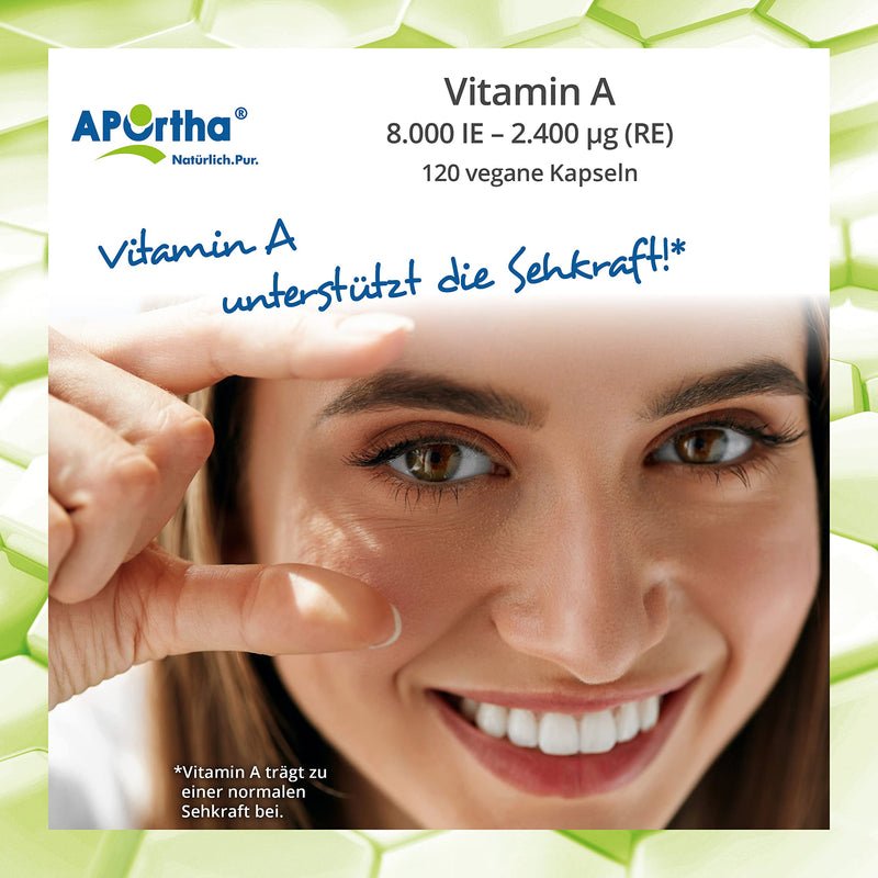 APOrtha® - Vitamin A 8,000 IU (2,400 µg) - 120 vegan capsules, high dosage and easy to swallow, made from retinyl acetate, allergen-free, vegan, gluten-free - NewNest Australia