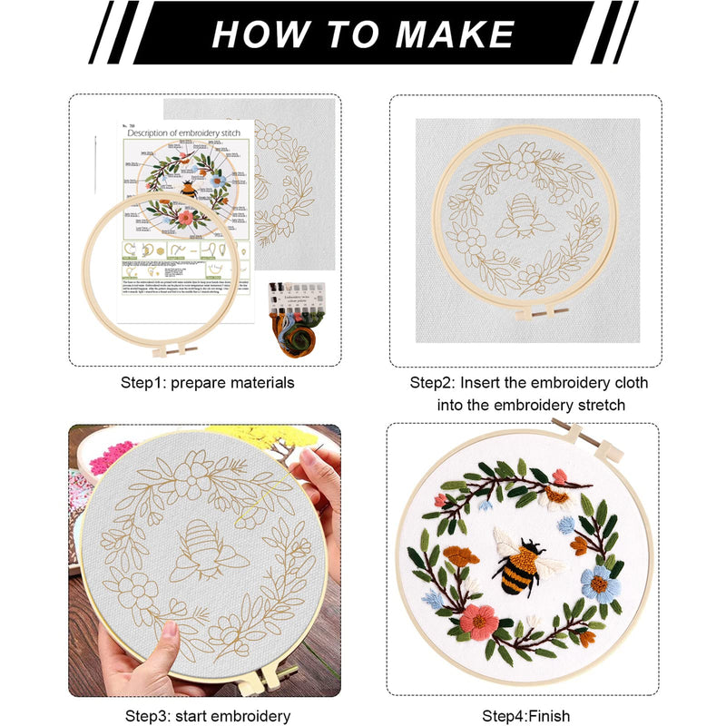 Lukinbox Embroidery Starter Kit for Beginners, 3 Sets Cross Stitch Kits for Adults, Include Embroidery Clothes with Cute Bees and Flowers Patterns Embroidery Hoops, Threads, Needles and Instruction - NewNest Australia