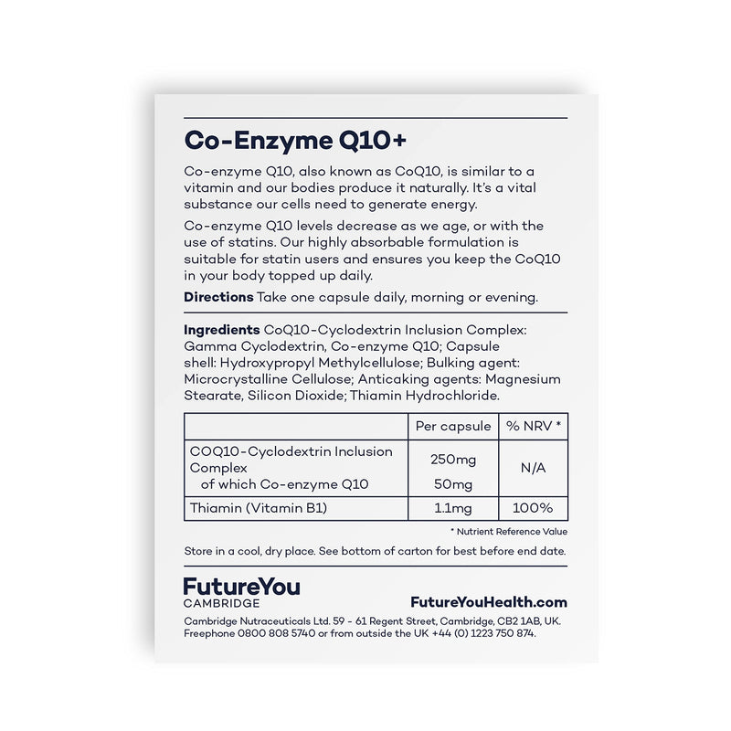Co-Enzyme Q10+ 250mg Cyclodextrin Inclusion Complex - High Strength, Easy-to-Absorb Formulation - Vegan Suitable CoQ10 Supplement - 28 Day Supply - Developed by FutureYou Cambridge, UK - NewNest Australia