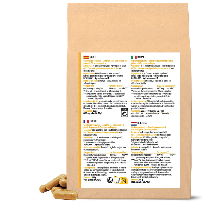 Turmeric capsules organic refill pack | 400 pieces | 4800mg turmeric per daily dose | freshly ground turmeric root in organic quality | vegan capsule shell | from the Achterhof 400 pieces (pack of 1) - NewNest Australia