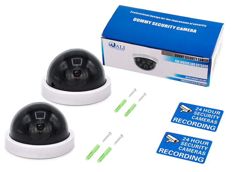 WALI Dummy Fake Security CCTV Dome Camera with Flashing Red LED Light with Security Alert Sticker Decals (SDW-2), 2 Packs, White - NewNest Australia