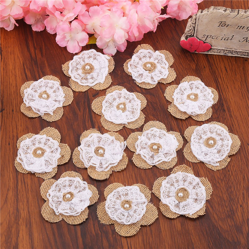 DECORA 12 Pieces Handmade Burlap Lace Rose Flowers with Pearl for Wedding Decoration and Craft Making 12pc Burlap Flower With Lace - NewNest Australia