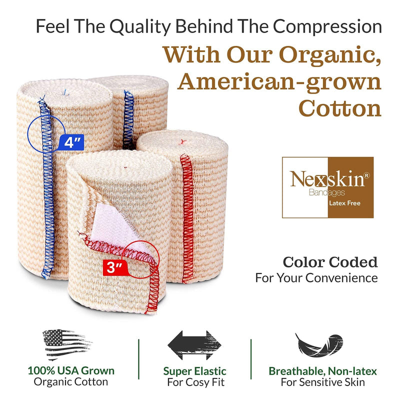 Premium Elastic Bandage Wrap (4” Wide, 2 Pack) - Nexskin Latex Free Athletic/Medical Compression Bandages Hook & Loop Fasteners at Both Ends - Lifetime Washable & Reusable USA Organic Cotton Bandage 4 Inch (Pack of 2) - NewNest Australia