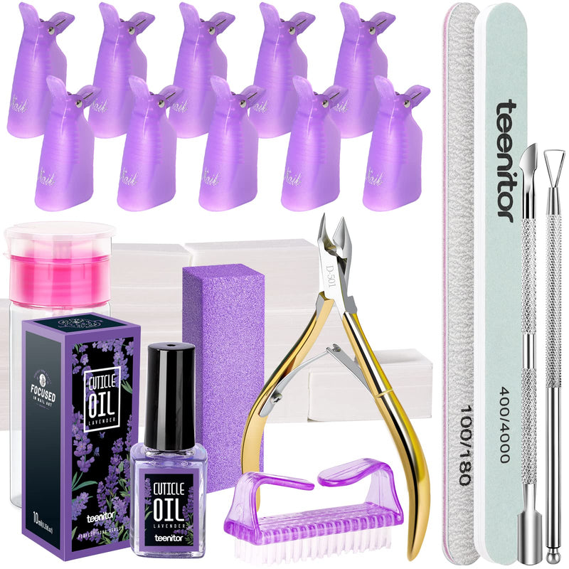 Teenitor Nail Gel Polish Dipping Powder Remover Tools Kit with Nail Clips Nail Remover Pads Cuticle Oil Nail Brushes Nail File Buffer Block Nail Clipper Cuticle Peeler Scraper Pusher and Cutter A-Purple Lavender- scented - NewNest Australia