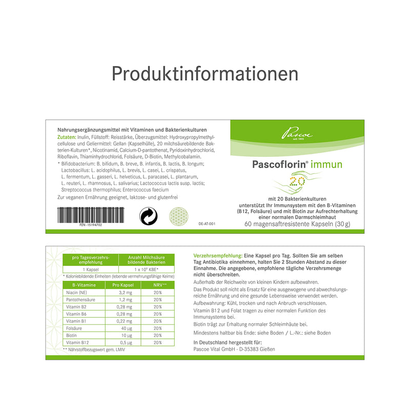 Pascoflorin immune: 20 lactic acid-producing bacterial cultures - with vitamin B12, biotin, inulin & folic acid - also accompanying antibiotic therapy - NewNest Australia