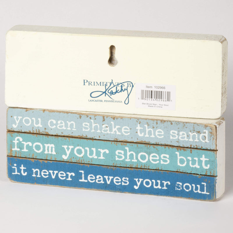 NewNest Australia - Primitives by Kathy 102966 Slat Wood Box Sign, 8 x 3-Inches, The Sand Never Leaves Your Soul Slat Sign 