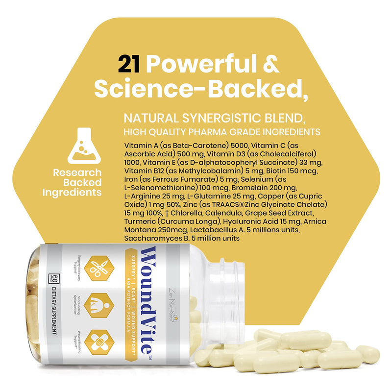 Zen Nutrients WoundVite Comprehensive Post Op Wound Care, Scar Reduction, Scar Treatment, Plastic & General Surgery, Heal Faster & Aids in Recovery Time w/ Bromelain, Turmeric & Arnica - 60 Vegan Caps - NewNest Australia