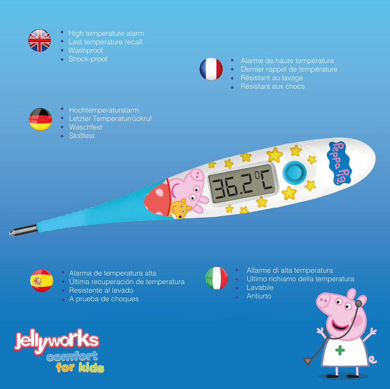 Peppa Pig Digital Thermometer | Oral, Underarm use| Large LCD | 10 Second Reading | Fever Alarm | Flexible Tip | Last Temperature Recall | CE Certified | Calms Kids | Made by Jellyworks Peppa Pig - NewNest Australia