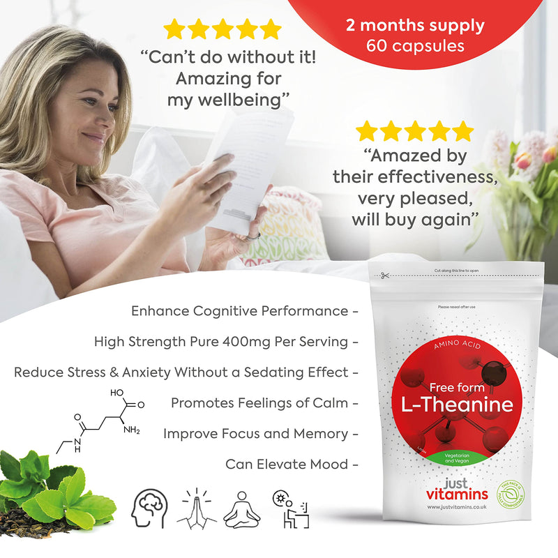 L-Theanine 400mg x60 High Strength Vegan Capsules (2 Month Supply) GABA Alternative, Brain Power Nootropic L Theanine Supplement - Non GMO, Caffeine Free, Made in UK by Just Vitamins 60 Count (Pack of 1) - NewNest Australia
