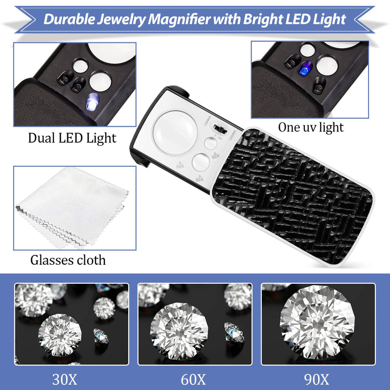 2 Pieces Jewelers Loupe 30X 60X 90X Illuminated Jewelers Eye Loupe Magnifier Jewelry Magnifying Glass Loop with UV Black Light and Bright LED Light for Jewelry Diamond Gem Coin Stamp Rock (Black) - NewNest Australia