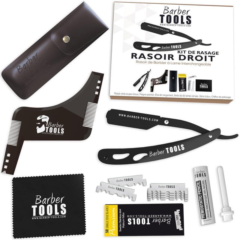 Men's shaving set - men's razor/barber knife - with 50 individual blades + cloth + alum pen + storage case + comb guide for shaving - BLACK - BARBER TOOLS - NewNest Australia