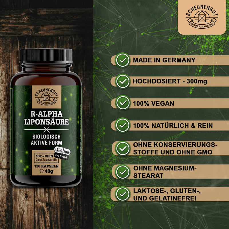 Alpha Lipoic Acid - 300Mg - Important: Certified Laboratory Tested & Vegan I 120 Capsules R Alpha Lipoic Acid I Body'S Own Form = Optimal Bioavailability I From De I Scheunengut - NewNest Australia