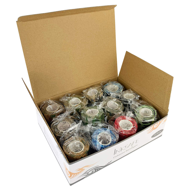Inksafe Camouflage Assorted Colours Self Adherent Cohesive Bandages 5cm x 4.5m Box of 12 - Uses Include Tattoo Grip Wrap, Vet Wrap, Tape for Wrist and Ankle Sprains - NewNest Australia