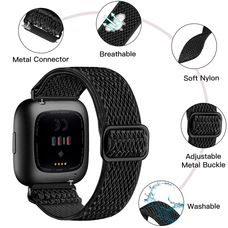 Fuleda Elastic Bands Compatible with Fitbit Versa 2 Band Women Men, 2Pack Soft Adjustable Nylon Breathable Sport Band for Versa/Versa 2/Versa Lite/SE Smartwatch Loop Stretchy Wristband, Black & Gray Black/Grey - NewNest Australia