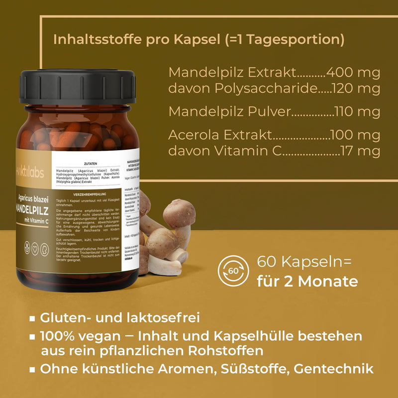 New - Viktilabs¬© Almond Mushroom - Agaricus Blazei - High-Dose Capsules - 400Mg Almond Mushroom Extract + 110Mg Powder Per Capsule | Vitamin C From Acerola Cherries | 2 Month Supply | Developed In Germany - NewNest Australia