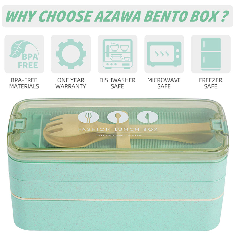 NewNest Australia - AZAWA Bento Lunch Box 1100ml/38oz, 3-Layer Bento Box with Spoon & Fork for Kids Adult & Office Worker, BPA-Free Wheat Fiber Lunch Box Leak-Proof Food Containers with Bonus Lunch Bag (Green) Green 