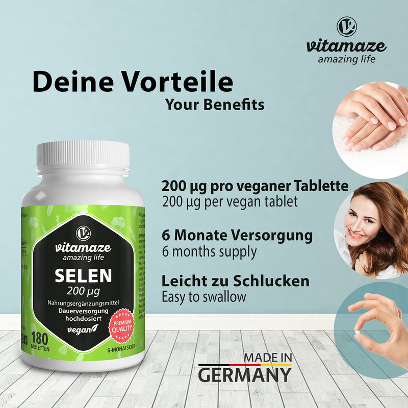 Selenium high dose 200 mcg, vegan, 180 tablets for 6 months, natural & bioavailable dietary supplement without additives, Made in Germany - NewNest Australia