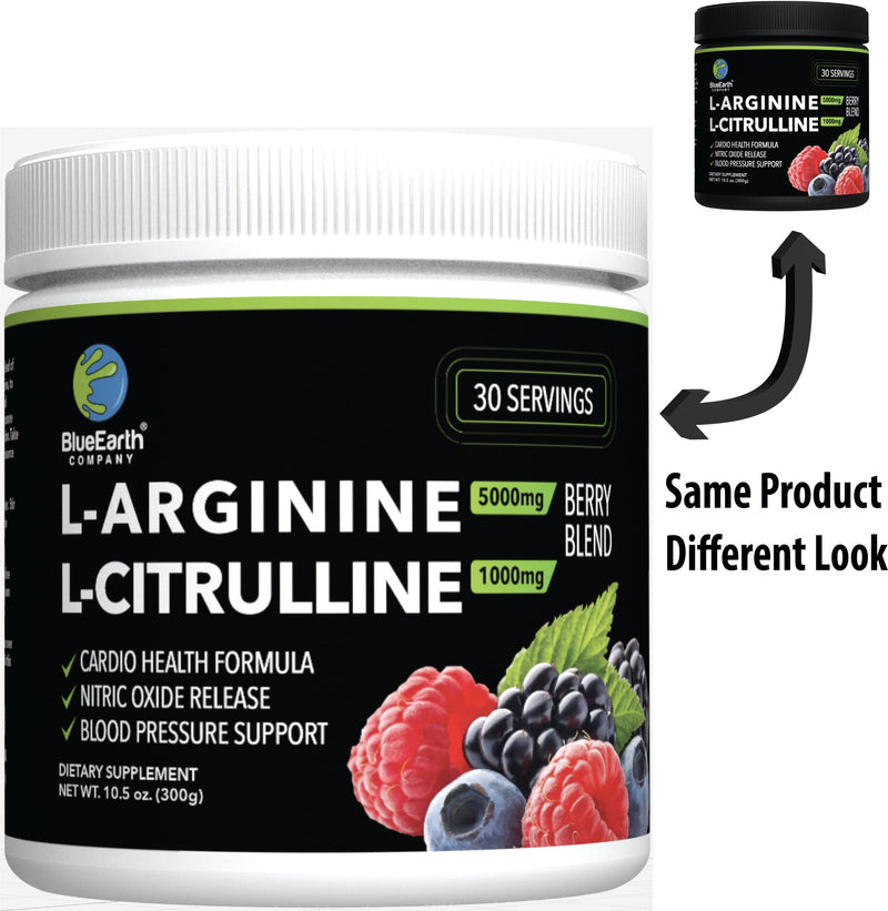 L-Arginine 5000mg + L-Citrulline 1000mg Complex Powder Supplement - Nitric Oxide Booster - Blood Pressure Support - Berry Flavored - 300g - BlueEarth Company - NewNest Australia