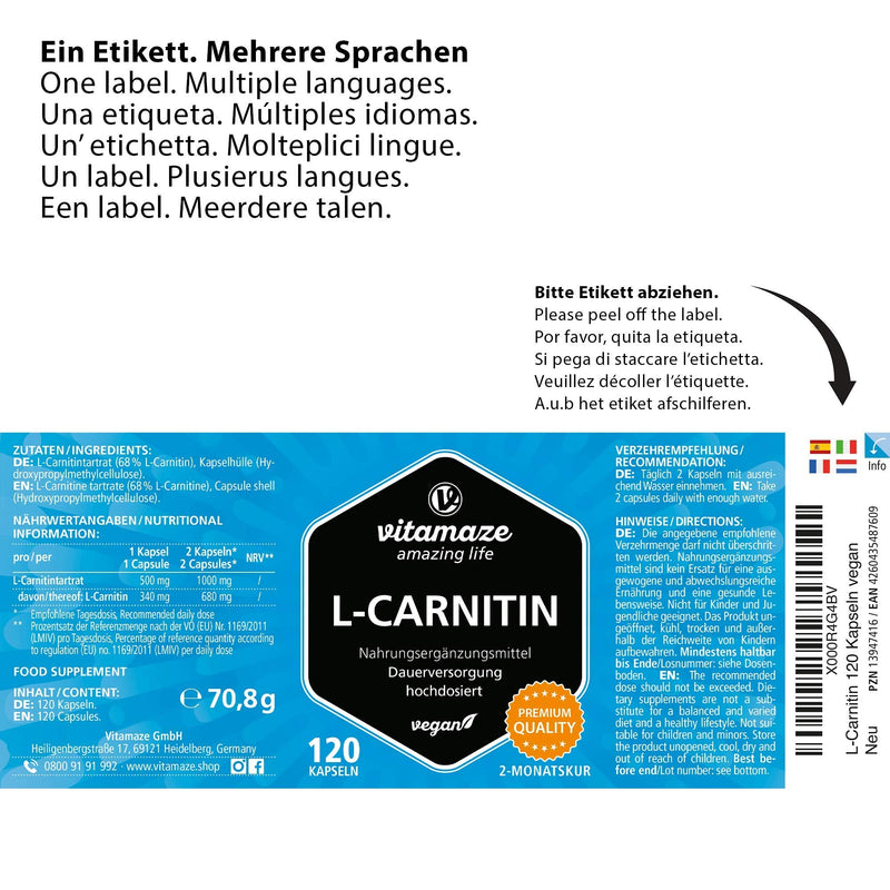 High-dose L-carnitine & vegan, 680 mg of pure L-carnitine tartrate per day, 120 capsules for 2 months, natural supplement without additives, Made in Germany - NewNest Australia