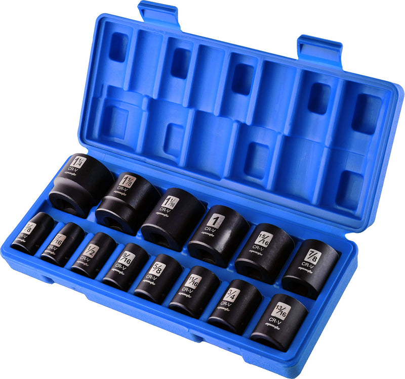 EPAuto 1/2-Inch Drive SAE Shallow Impact Socket Set, CRV, 6-Point 14 Sockets SAE - Shallow - NewNest Australia