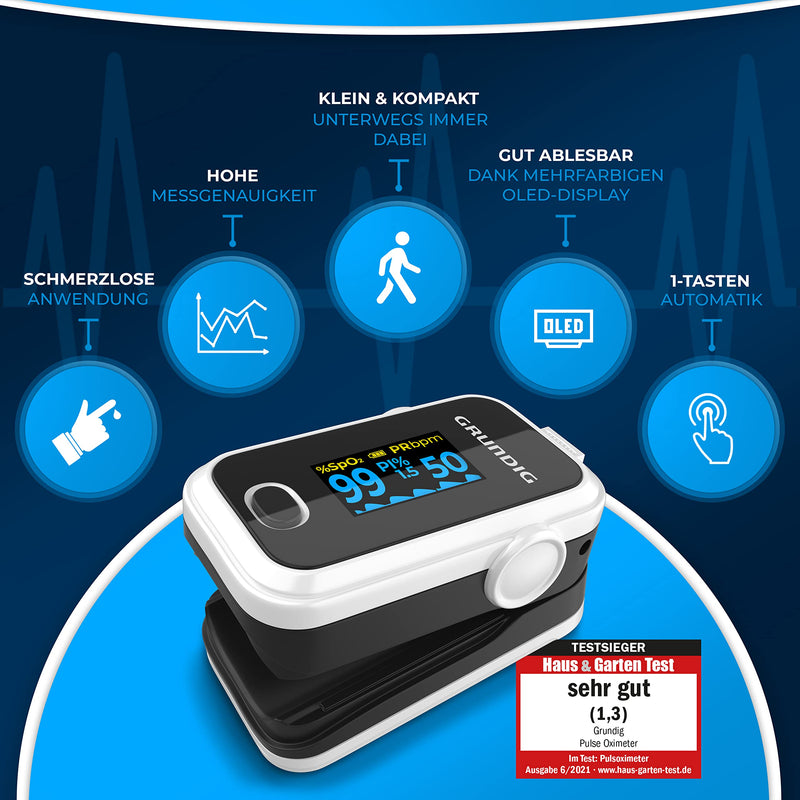 Grundig Pulse Oximeter Oxygen Saturation Oximeter, High Precision Finger Oximeter Meter For Clinically Accurate Determination Of Oxygen Saturation In Blood, Finger Measuring Device With Pulse Monitor Test - NewNest Australia