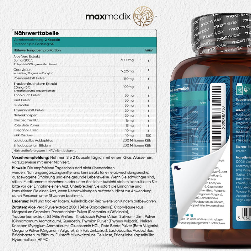 Candida Complex - 180 Vegan Capsules - Bifidobacteria Probiotics - With Caprylic Acid, Aloe Vera, Oregano, Zinc, Grape Fruit, Garlic, Rosemary, Glucosamine - 3 Month Supply - Immune System - Maxmedix - NewNest Australia