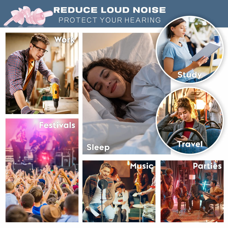 Ear Plugs for Sleeping 2 Pairs - 32dB Noise Reduction Earplugs with Detachable Cords, Reusable Soft Hearing Protection Ear Plugs for Sleep, Music, Festivals, Parties, Work, Study, Loud Events Pink - NewNest Australia