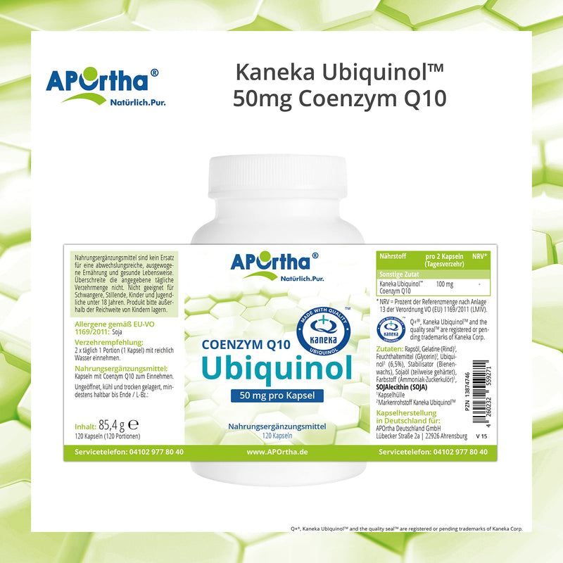 APOrtha Kaneka Ubiquinol Coenzyme Q10 50 mg 120 capsules I Premium CoQ10 capsules high dose 50 mg I High bioavailability thanks to bioactive ubiquinol I 2-fold patented raw material I Daily dose 2 capsules - NewNest Australia
