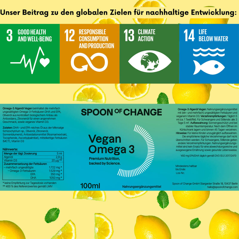 Premium Omega-3 Algae Oil Vegan (2900mg per day) - High dosage - with lemon - DHA & EPA - Science-based, laboratory tested - Sustainable - With vitamin D3 for the immune system - Spoon of Change® 100 ml (pack of 1) - NewNest Australia