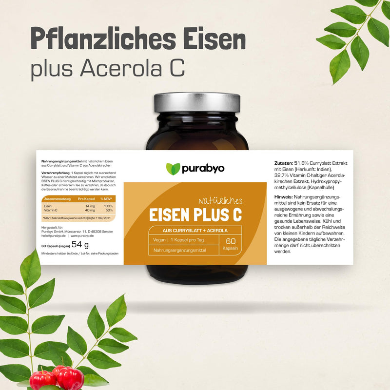 Vegetable iron from curry leaf with 40 mg of natural vitamin C from acerola | in the glass | Iron with 100% NRV | Vegan | Only 1 capsule daily | 2 month supply - NewNest Australia