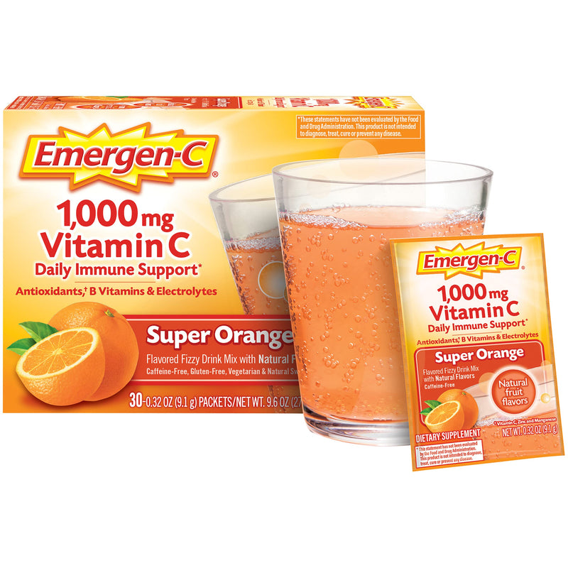 Emergen-C 1000mg Vitamin C Powder for Daily Immune Support Caffeine Free Vitamin C Supplements with Zinc and Manganese, B Vitamins and Electrolytes, Super Orange Flavor - 30 Count 0.32 Ounce (Pack of 30) - NewNest Australia